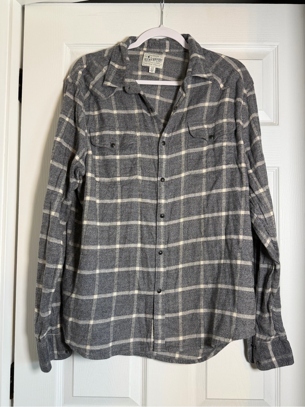 Lucky Brand Saturday Stretch Gray Plaid Flannel Shirt Large